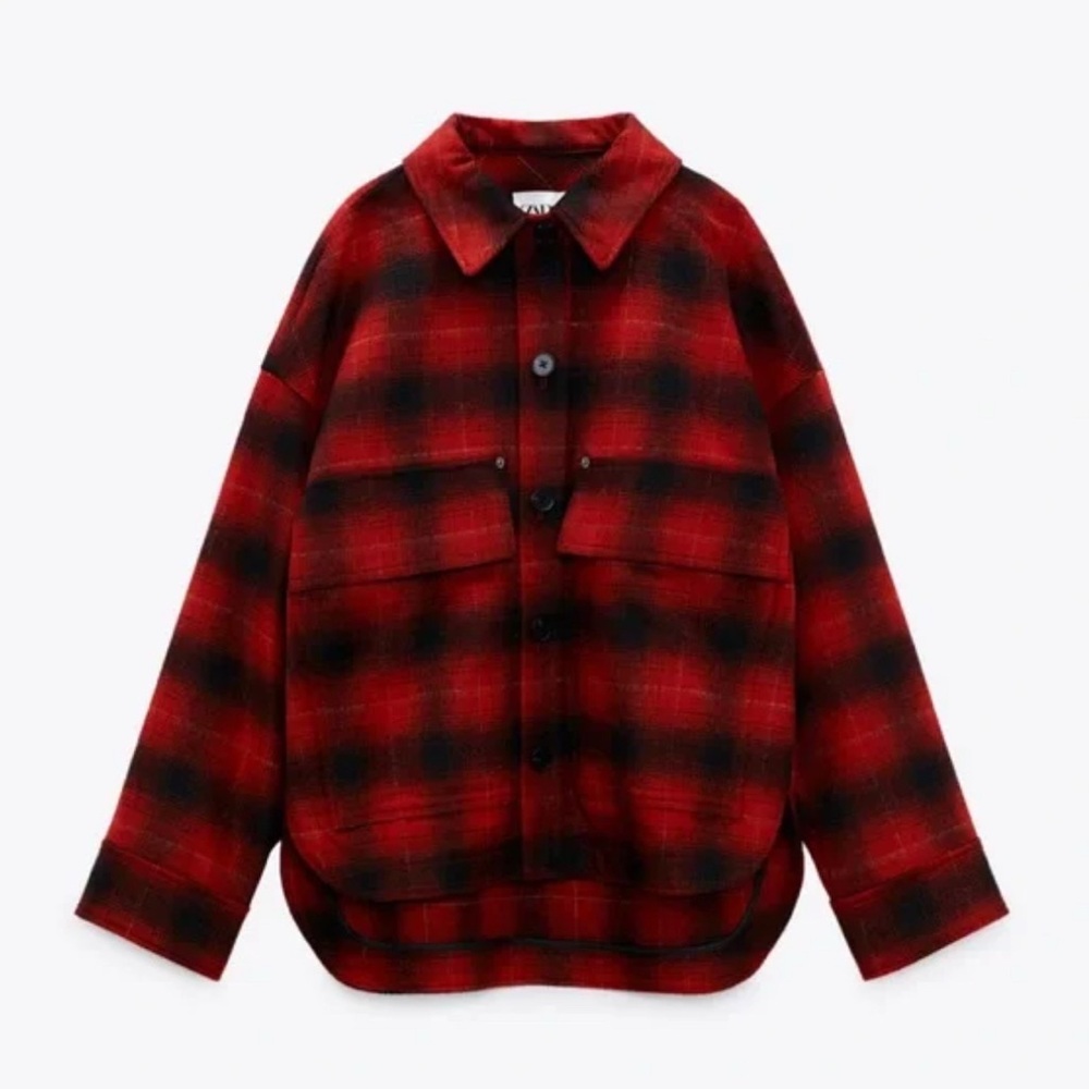 NWOT ZARA Wool Blend Plaid Overshirt Red & Black Plaid in S - Picture 2 of 7